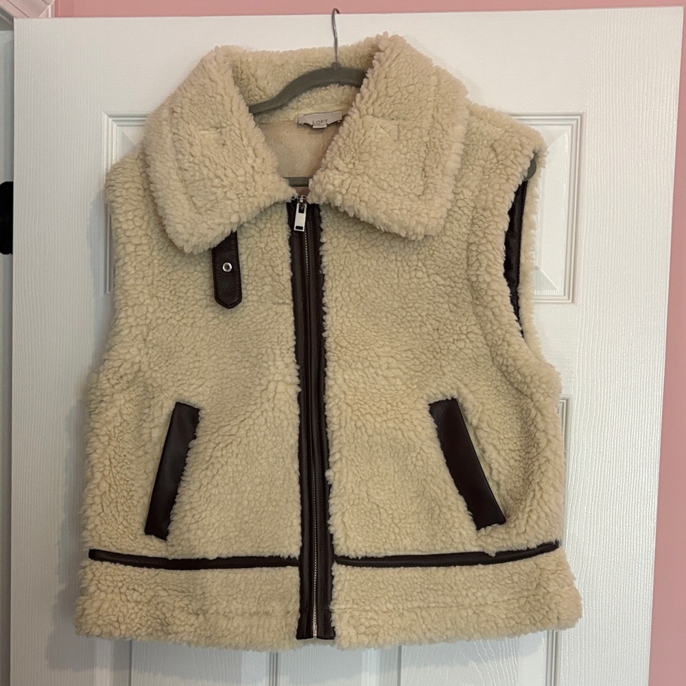 LOFT Cream Sherpa Vest with Brown Trim